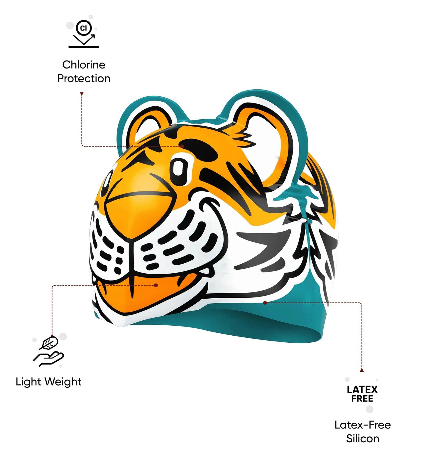 Unisex Kids Tiger Print Swim Cap For Tots - Boys and Girls - Orange & Green