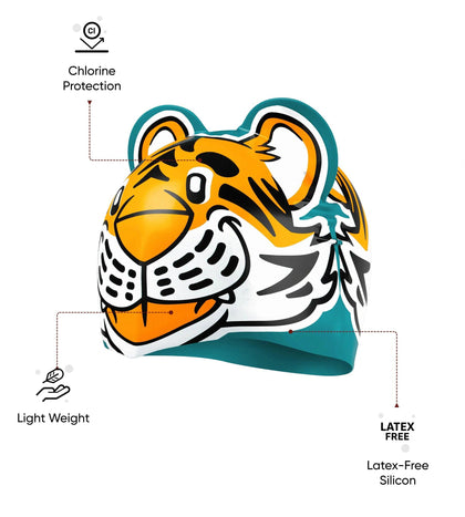 Unisex Kids Tiger Print Swim Cap For Tots - Boys and Girls - Orange & Green