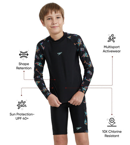 Boy's Endurance10 Digital Print Long Sleeve Suntop - Black, Anthracite & Arctic Glass