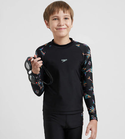 Boy's Endurance10 Digital Print Long Sleeve Suntop - Black, Anthracite & Arctic Glass