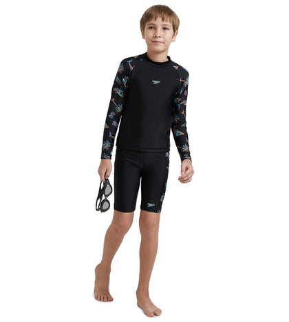 Boy's Endurance10 Digital Print Long Sleeve Suntop - Black, Anthracite & Arctic Glass