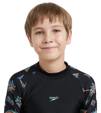Boy's Endurance10 Digital Print Long Sleeve Suntop - Black, Anthracite & Arctic Glass