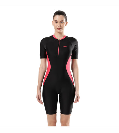 Women's Endurance Essential Panel Kneesuit Swimwear  - Black  &  Raspberry Fill_8
