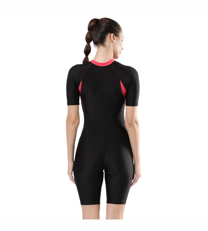 Women's Endurance Essential Panel Kneesuit Swimwear  - Black  &  Raspberry Fill_4