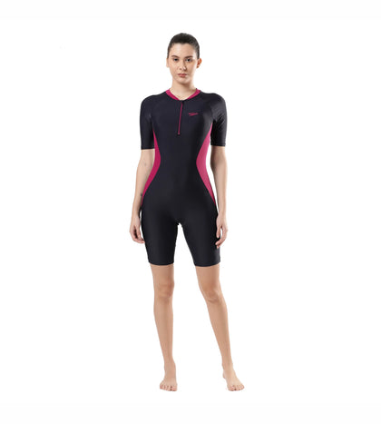 Women's Endurance Essential Panel Kneesuit Swimwear  - True Navy  &  Berry_5