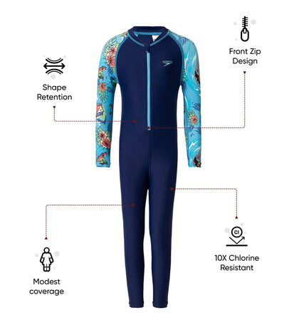 Boys Endurance10 Sleeve Print All In One Suit - Harmony, Picton Blue & Bright White