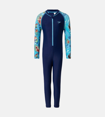Boys Endurance10 Sleeve Print All In One Suit - Harmony, Picton Blue & Bright White