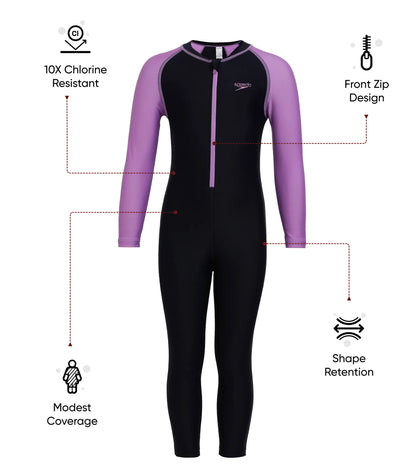 Girls Endurance 10 Essential All In One Suit For Tots (Age Range 2-8 Years) - True Navy & Sweet Purple