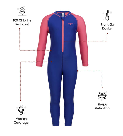 Girls Endurance 10 Essential All In One Suit For Tots (Age Range 2-8 Years) - True Cobalt & Fandango Pink