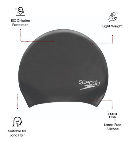 Women's Long Hair Silicone Swim Caps -Black