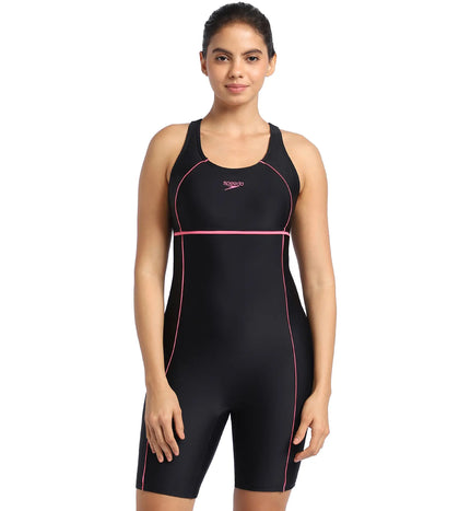 Women's Endurance Classic Racerback Legsuit Swimwear  - Black  &  Fandango Pink_1