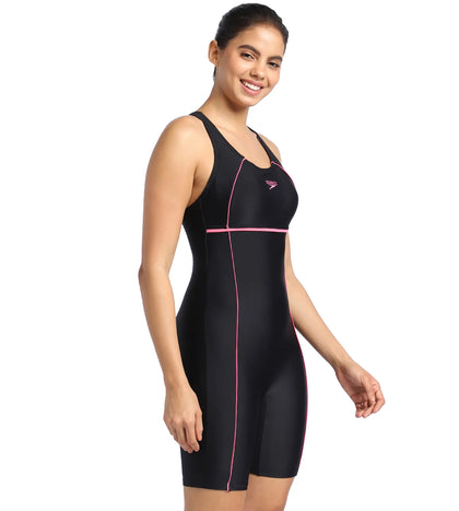 Women's Endurance Classic Racerback Legsuit Swimwear  - Black  &  Fandango Pink_2
