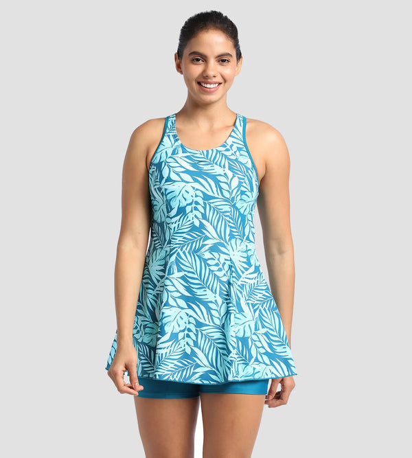 Women's Endurance 10 Racerback Printed Swimdress With Boyleg - Peacock & Marine Blue