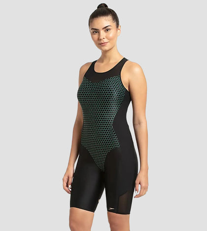 Women's Mesh Panel Legsuit Swimwear - Black & Greenglow