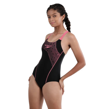 Girl's Endurance Medley Logo Muslce back Swimwear - Black & Fandango Pink_3
