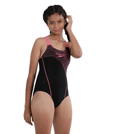 Girl's Endurance Medley Logo Muslce back Swimwear - Black & Fandango Pink_4