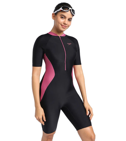 Women's Endurance Essential Panel Kneesuit Swimwear  - Black  &  Hotmauve_3