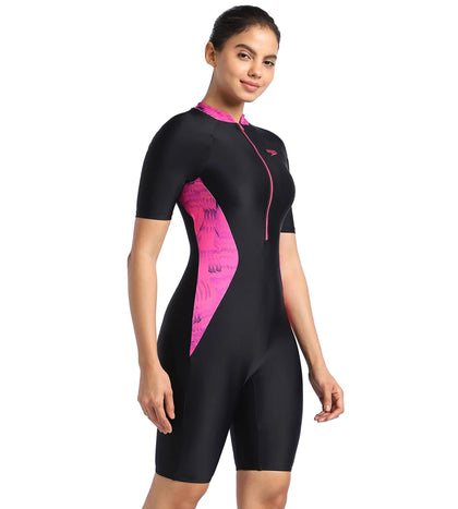 Women's Endurance Essential Panel Printed Kneesuit Swimwear  - Black  &  Wineberry_2