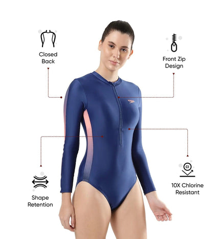 Women's Endura Brite Long Sleeve Closedback One Piece Swimwear - Ammonite & Soft Coral