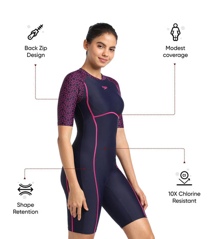 Women Endurance10 Essential Splice Print Closedback Kneesuit - True Navy & Electric Pink