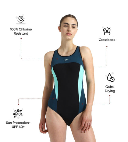 Women's Endurance+ High Neck Cross Back V-Cut One Piece Swimsuit - Black, Dark Teal & Arctic Glass