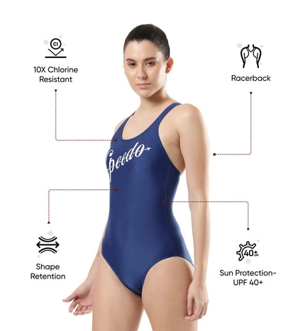 Women's Endura Brite Heritage Logo Racerback One Piece Swimwear - Ammonite Blue & White