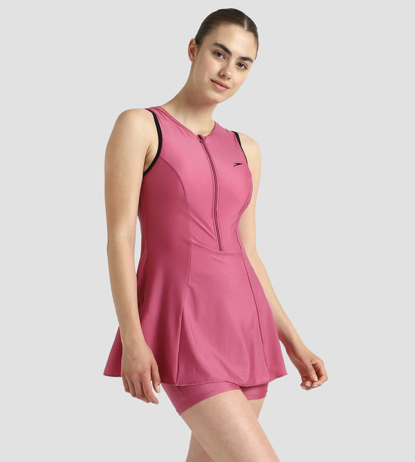 Women's Recycled Endura Brite Closedback Swimdress With Boyleg - Hotmauve & Black