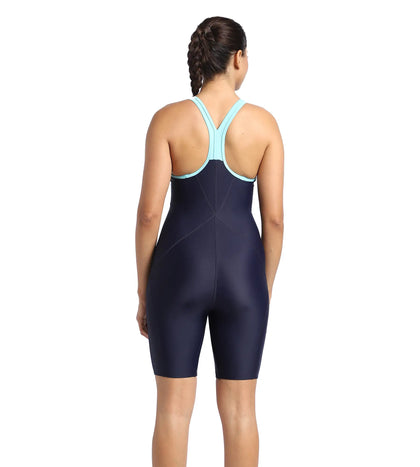 Women's Endurance Essential Panel Racerback Legsuit Swimwear  - Truenavy  &  Marine Blue_4