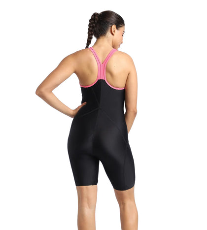 Women's Endurance Essential Panel Racerback Legsuit Swimwear  - Black  &  Fandango Pink_4