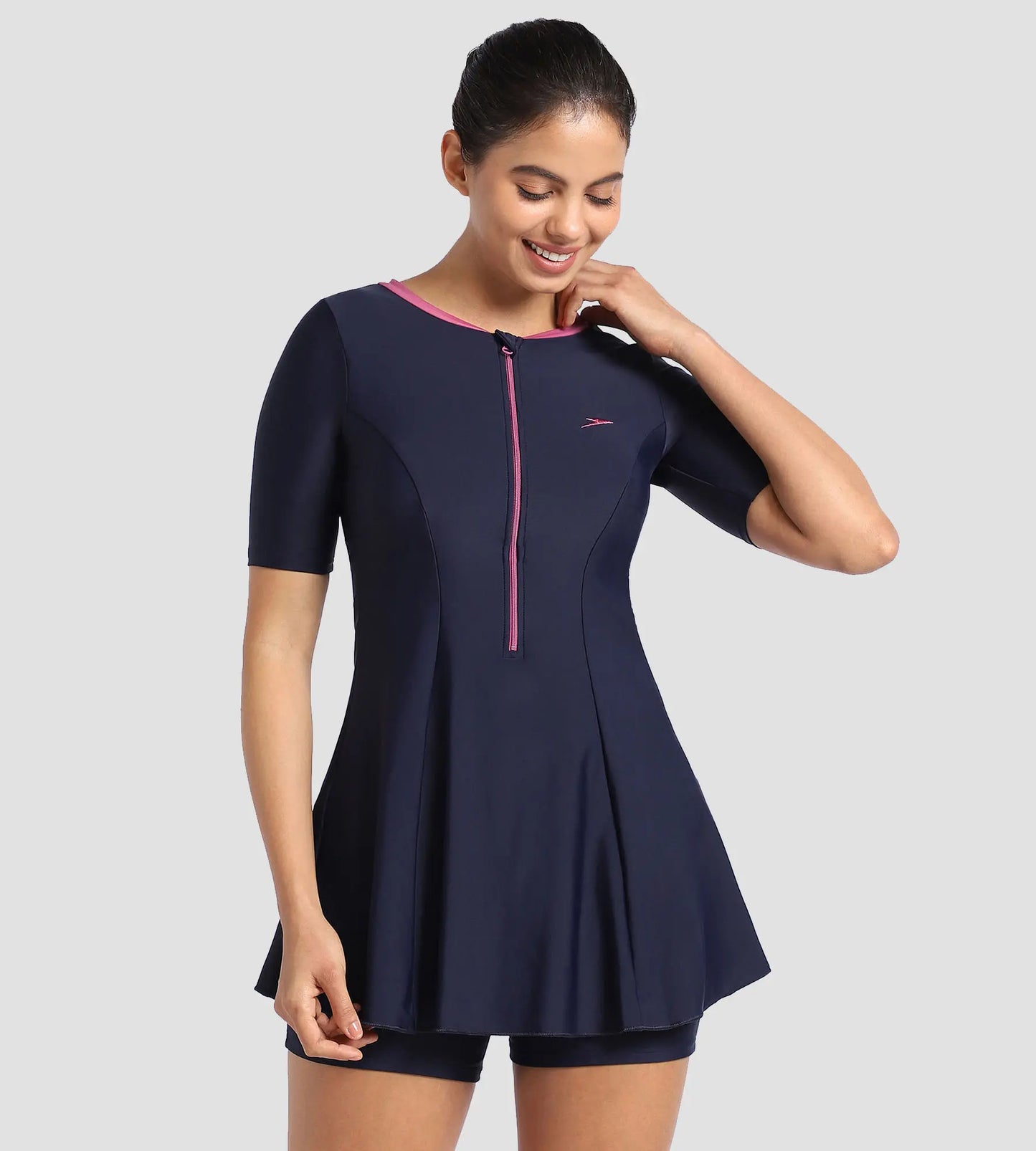 Women's Endurance10 Closedback Short Sleeve Swimdress With Boyleg - True Navy & Hotmauve
