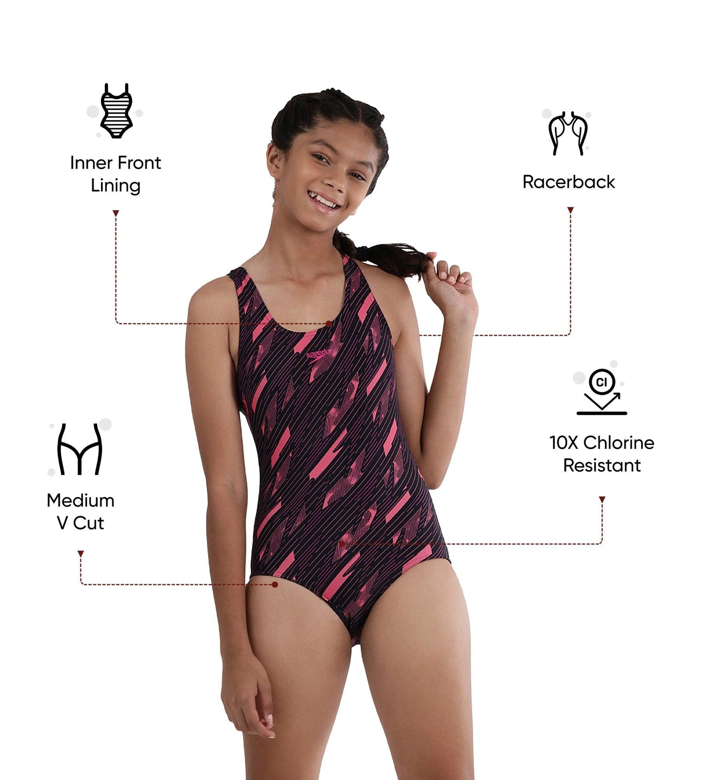Girl's Endurance 10 Hyperboom Print Racerback One Piece V-Cut Swimsuit - True Navy & Electric Pink