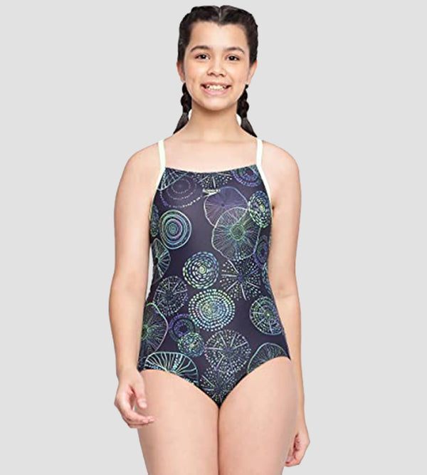 Girl's Endurance 10 Digital Print Muscleback One Piece V-Cut Swimsuit - True Navy & Aquarium