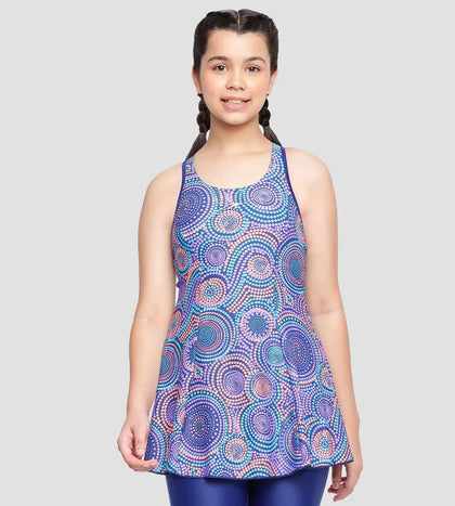Girl's Endurance 10 Printed Racerback Swimdress With Boyleg - Ammonite & Soft Coral