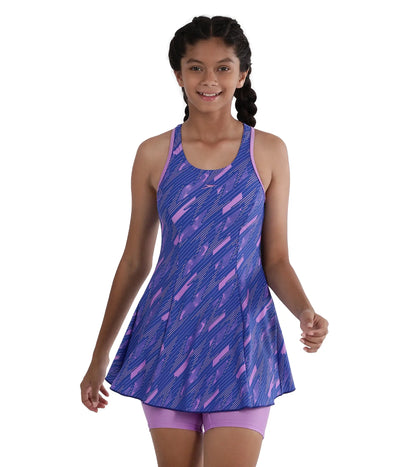Girl's Endurance Printed Racerback Swimdress With Boyleg - Sweet Purple & True Cobalt_1
