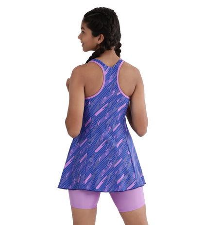 Girl's Endurance Printed Racerback Swimdress With Boyleg - Sweet Purple & True Cobalt_4