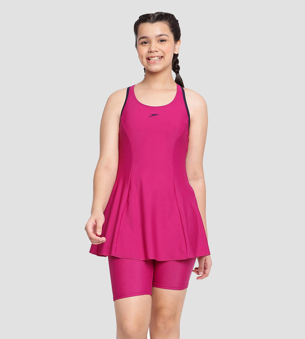 Girl's Recycled Endura Brite Racerback Swimdress With Boyleg - Berry & True Navy