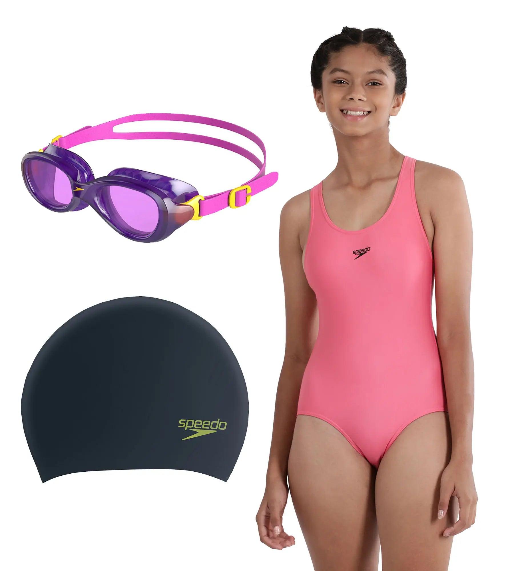 swimsuit goggles Buy Speedo Combo of Goggles, Swim Cap & V-Cut Swimsuit For Girls - Ecstatic Pink, Black & Fandango Pink | Swimwear Online