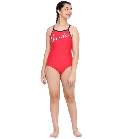 Girl's Endurance Heritage Logo Thinstrap Muscleback Swimwear - Fed Red & True Navy_5