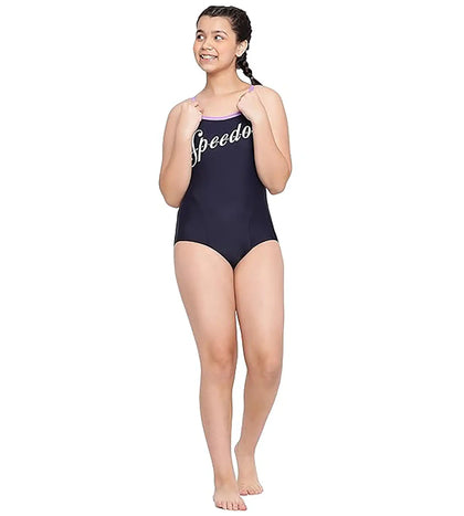 Girl's Endurance Heritage Logo Thinstrap Muscleback Swimwear - True Navy & Miami Lilac_3
