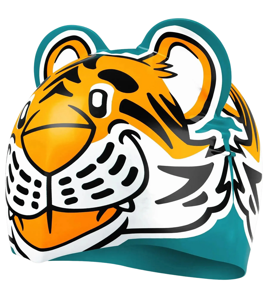 Unisex Kids Tiger Print Swim Cap For Tots - Boys and Girls - Orange & Green
