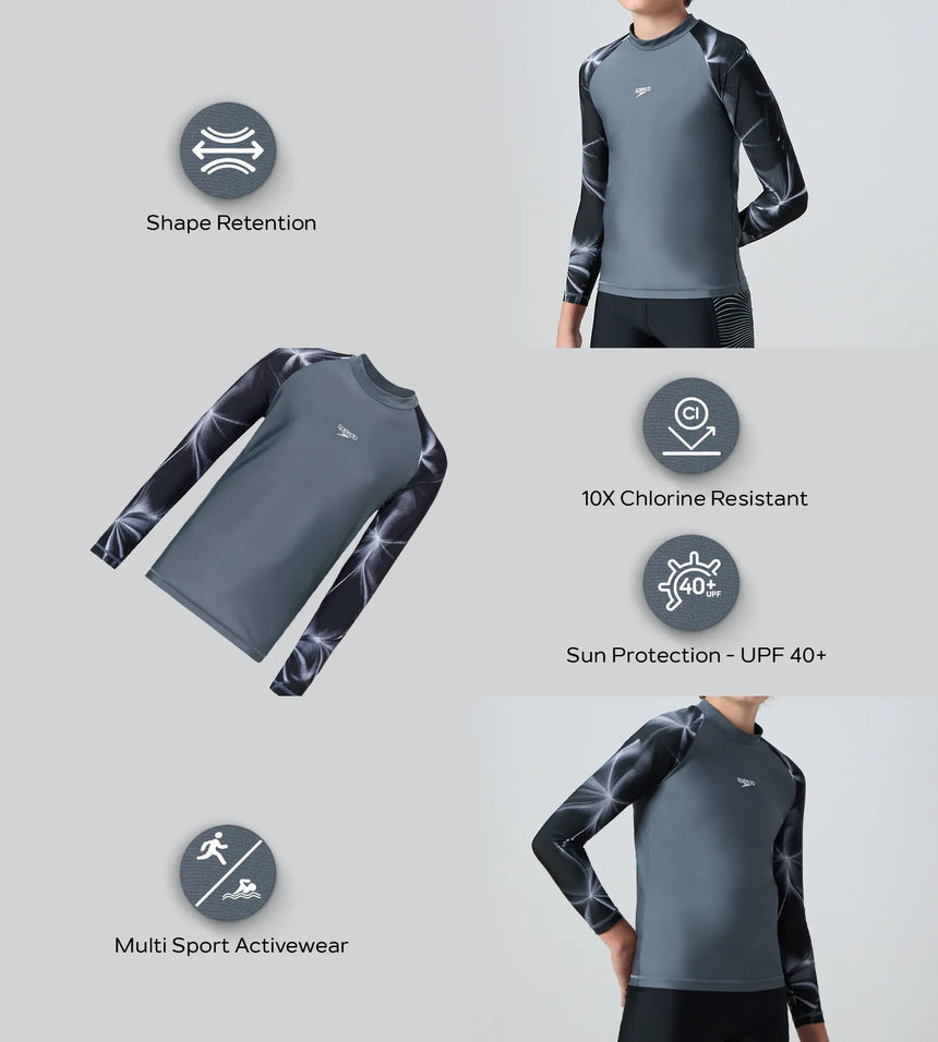 Boy's Endurabrite Printed Long Sleeve Suntop - Grey Lead & White