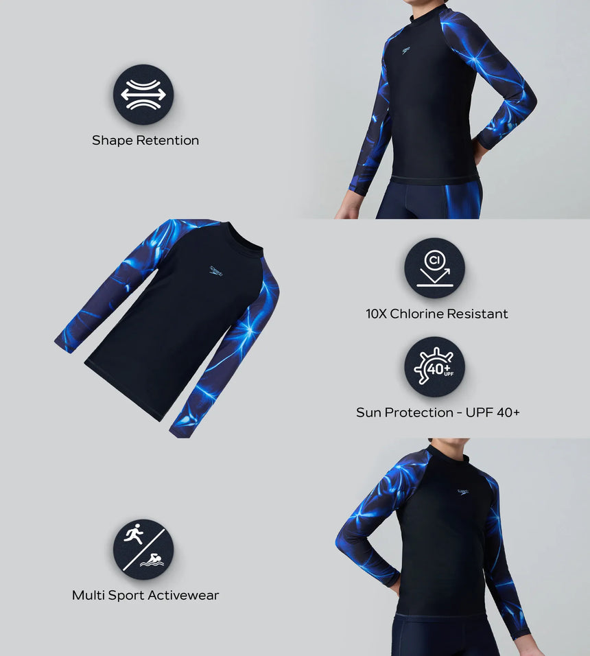 Boy's Endurance10 Printed Long Sleeve Suntop - True Navy & Periwinkle Blue