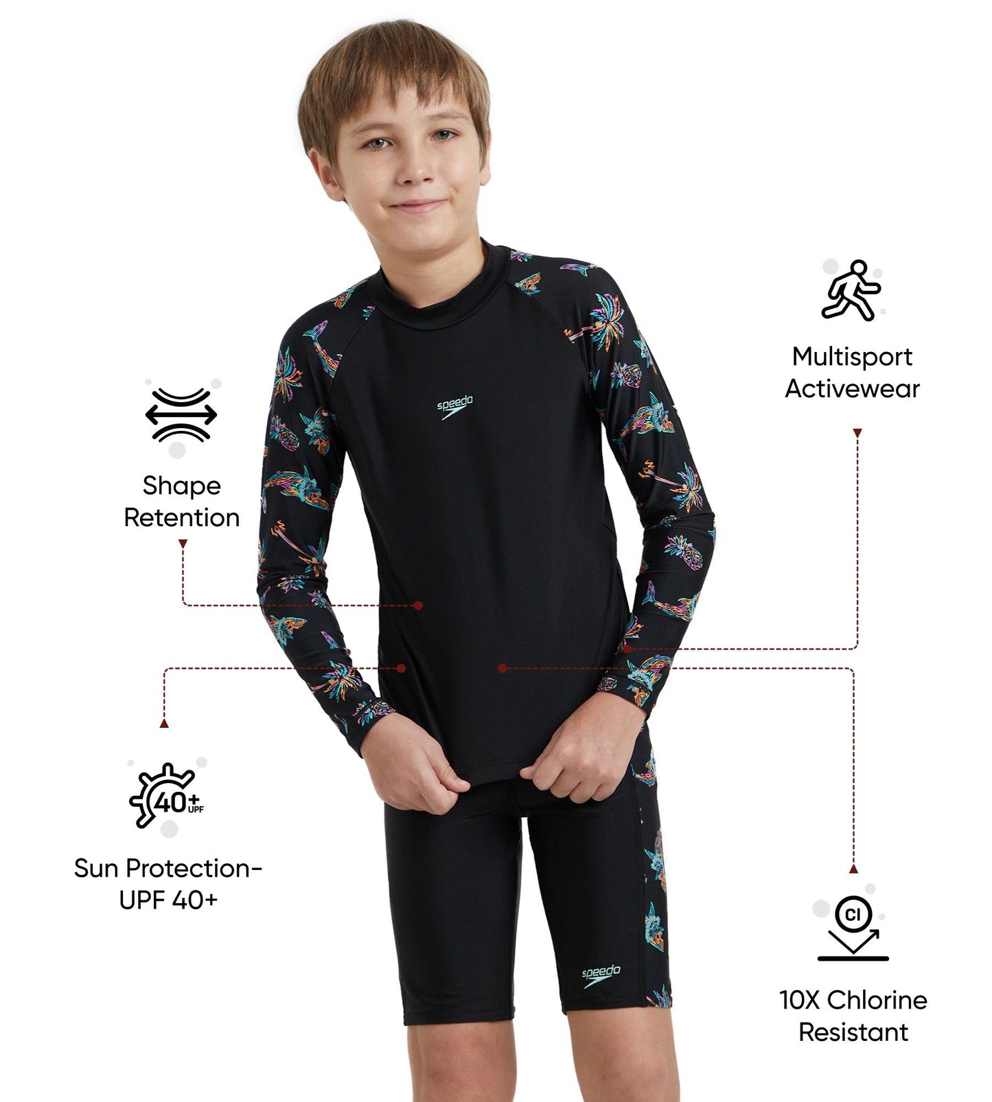 Boy's Endurance10 Digital Print Long Sleeve Suntop - Black, Anthracite & Arctic Glass