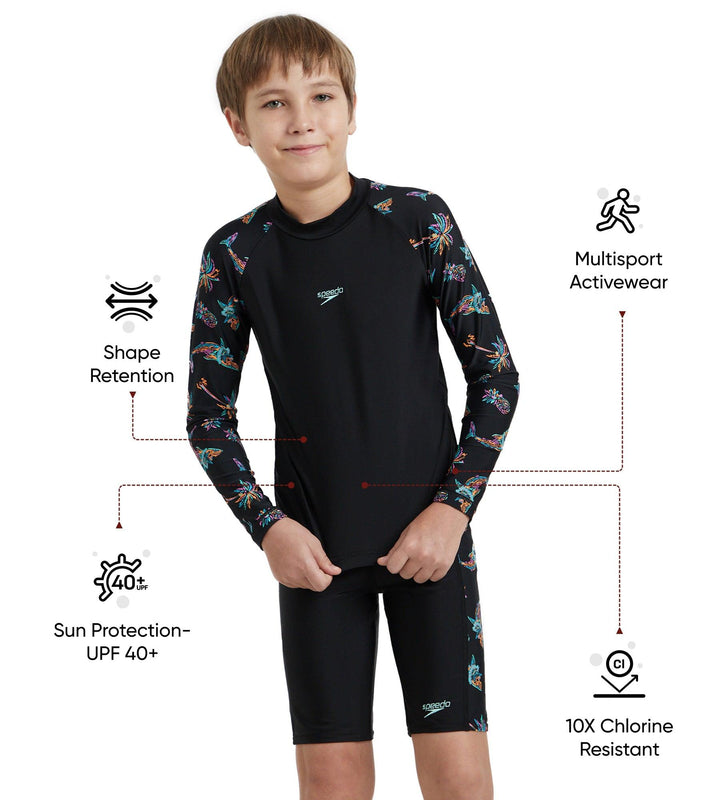 Boy's Endurance10 Digital Print Long Sleeve Suntop - Black, Anthracite & Arctic Glass