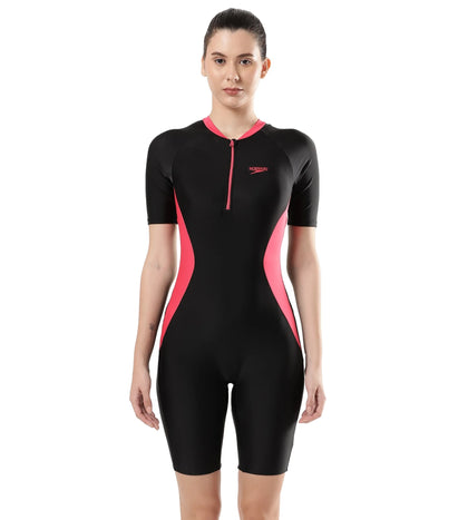 Women's Endurance Essential Panel Kneesuit Swimwear  - Black  &  Raspberry Fill_1