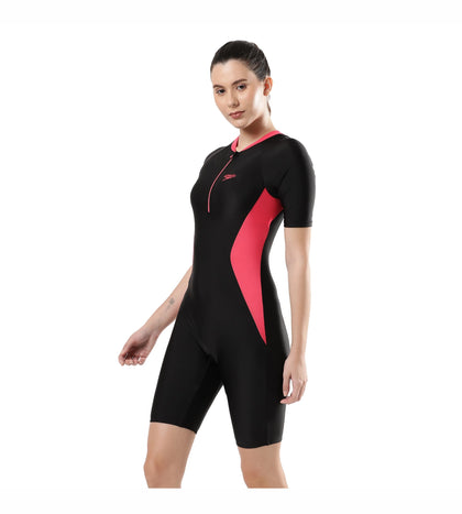 Women's Endurance Essential Panel Kneesuit Swimwear  - Black  &  Raspberry Fill_2