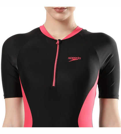 Women's Endurance Essential Panel Kneesuit Swimwear  - Black  &  Raspberry Fill_6