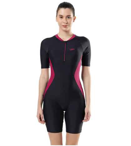 Women's Endurance Essential Panel Kneesuit Swimwear  - True Navy  &  Berry_1