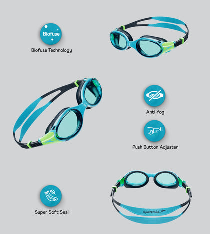 Unisex Kids Biofuse 2.0 Anti Fog Coated Lens Swim Goggles For Boys and Girls - Hypersonic Blue & Lumo Green
