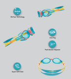Unisex Kids Biofuse 2.0 Anti Fog Coated Lens Swim Goggles For Boys and Girls - Coral Beach, Bolt & Blue Lens